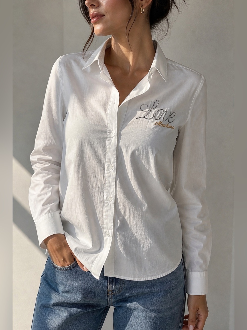 Love Moschino White Collared Button-Front Shirt
